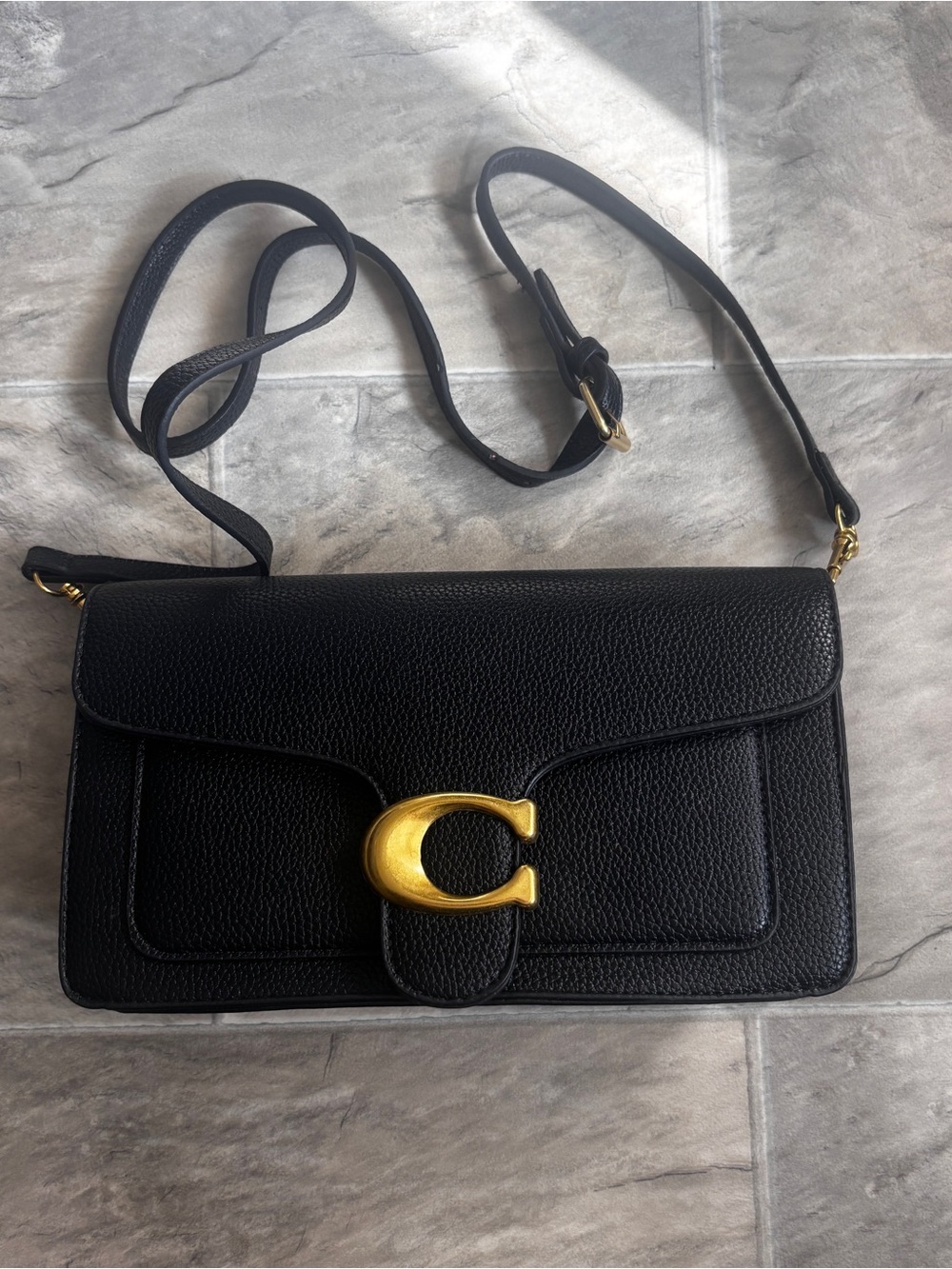 Black Leather Shoulder Bag with Gold 'C' Accent tabby 26 coach
